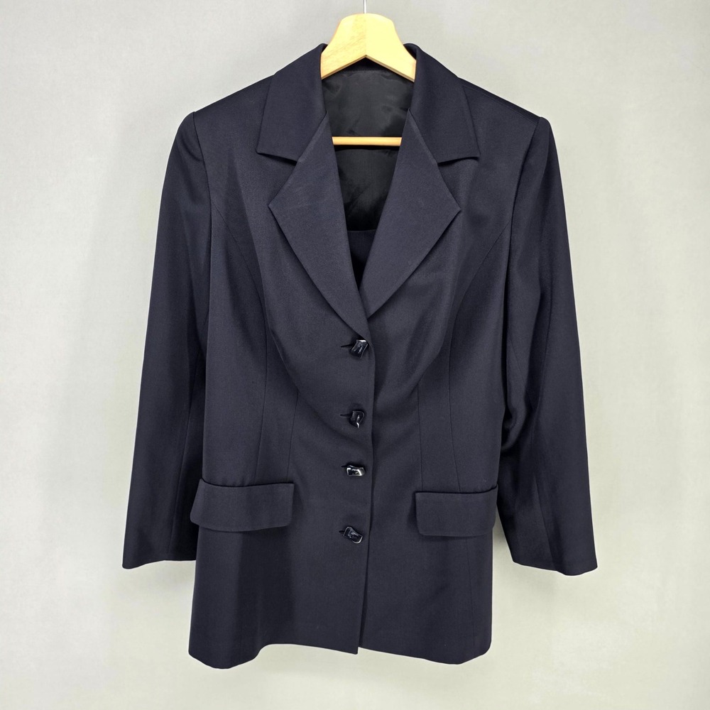 LOFT Blazer Jacket Wom 8 Navy Blue Structured Longline Multi Button Flap Pockets